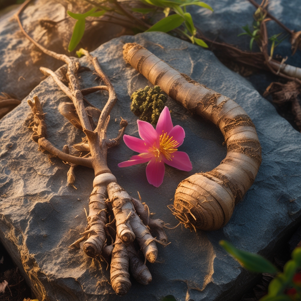 Ashwagandha roots, rhodiola rosea herb and ginseng root arranged together on natural stone surface with soft botanical lighting